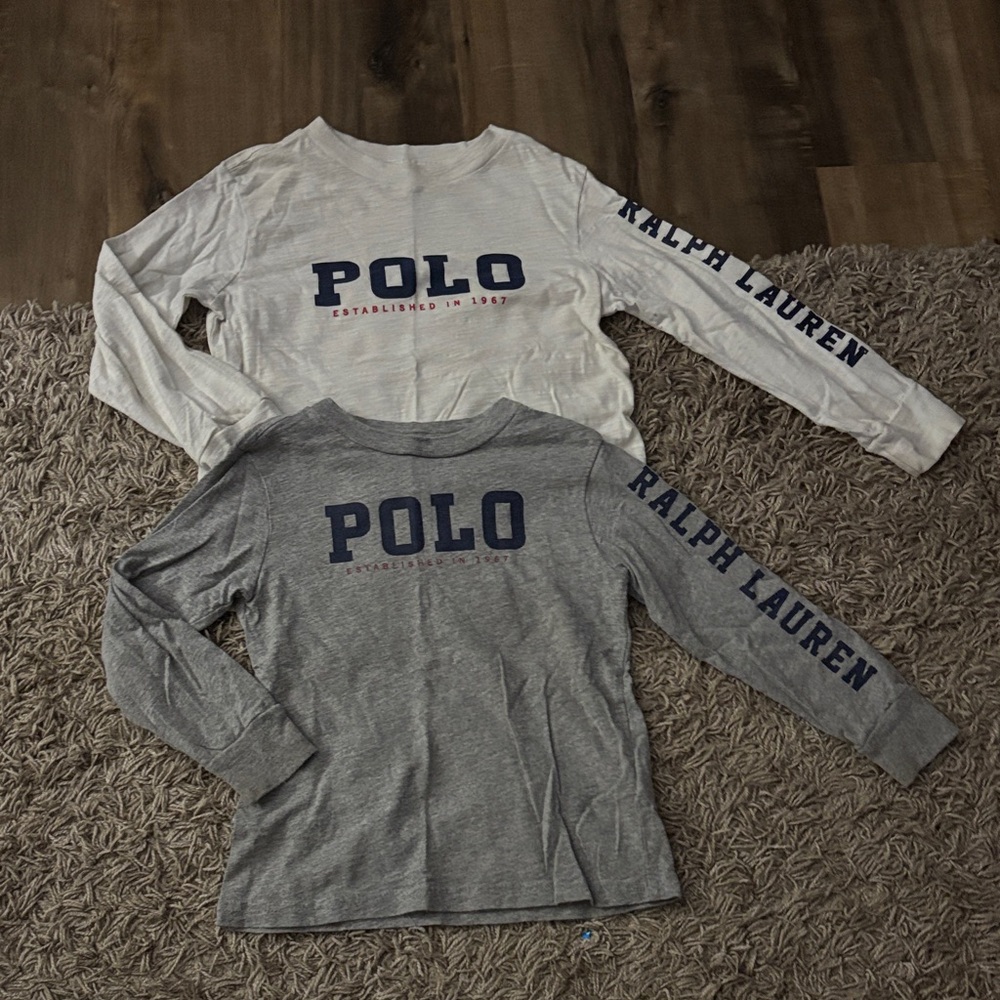 Ralph Lauren Kids Long Sleeve Tees - White and Gray with Navy Logo